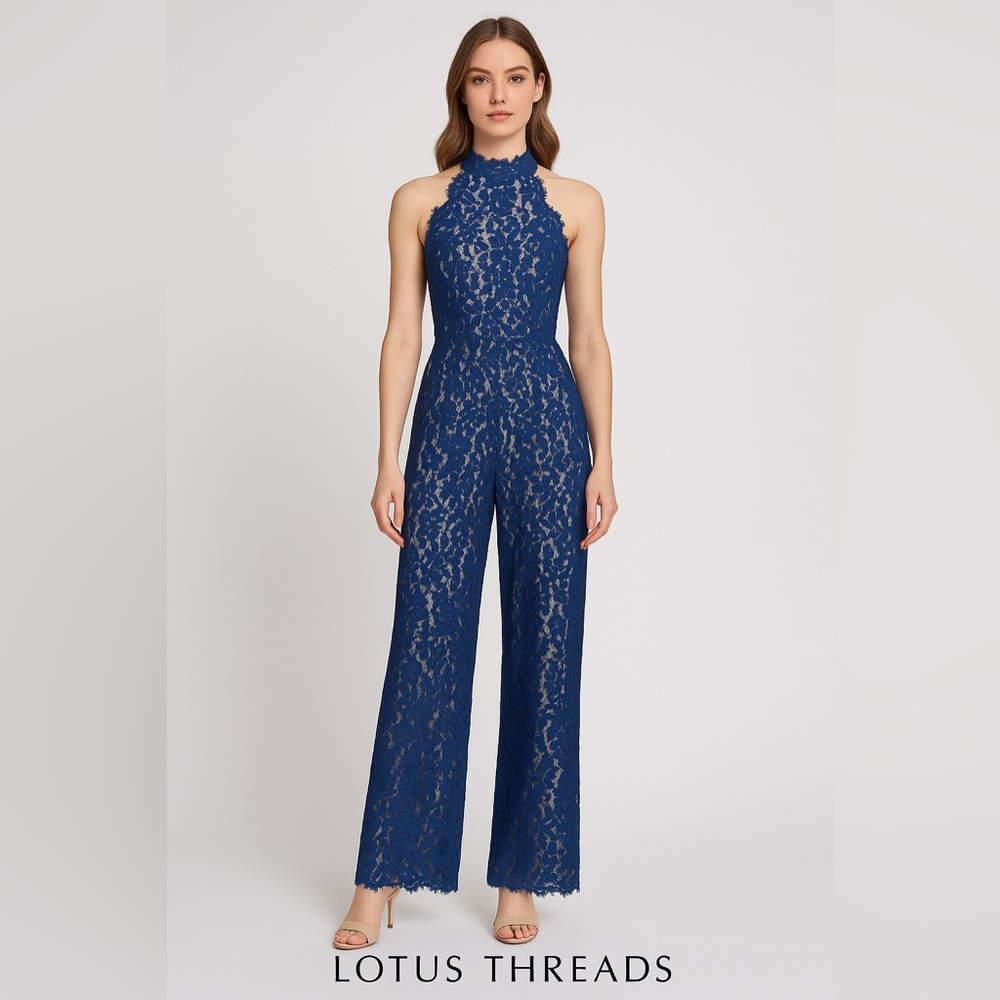 ▪️NWT Lotus Threads Navy Blue Racerback Lace Jumpsuit Sleeveless Wide Leg 4